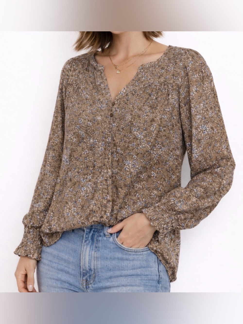 Umgee Blouse Top Green Floral Flowy Smocked Gathered Neck Cuff Mock Size Small